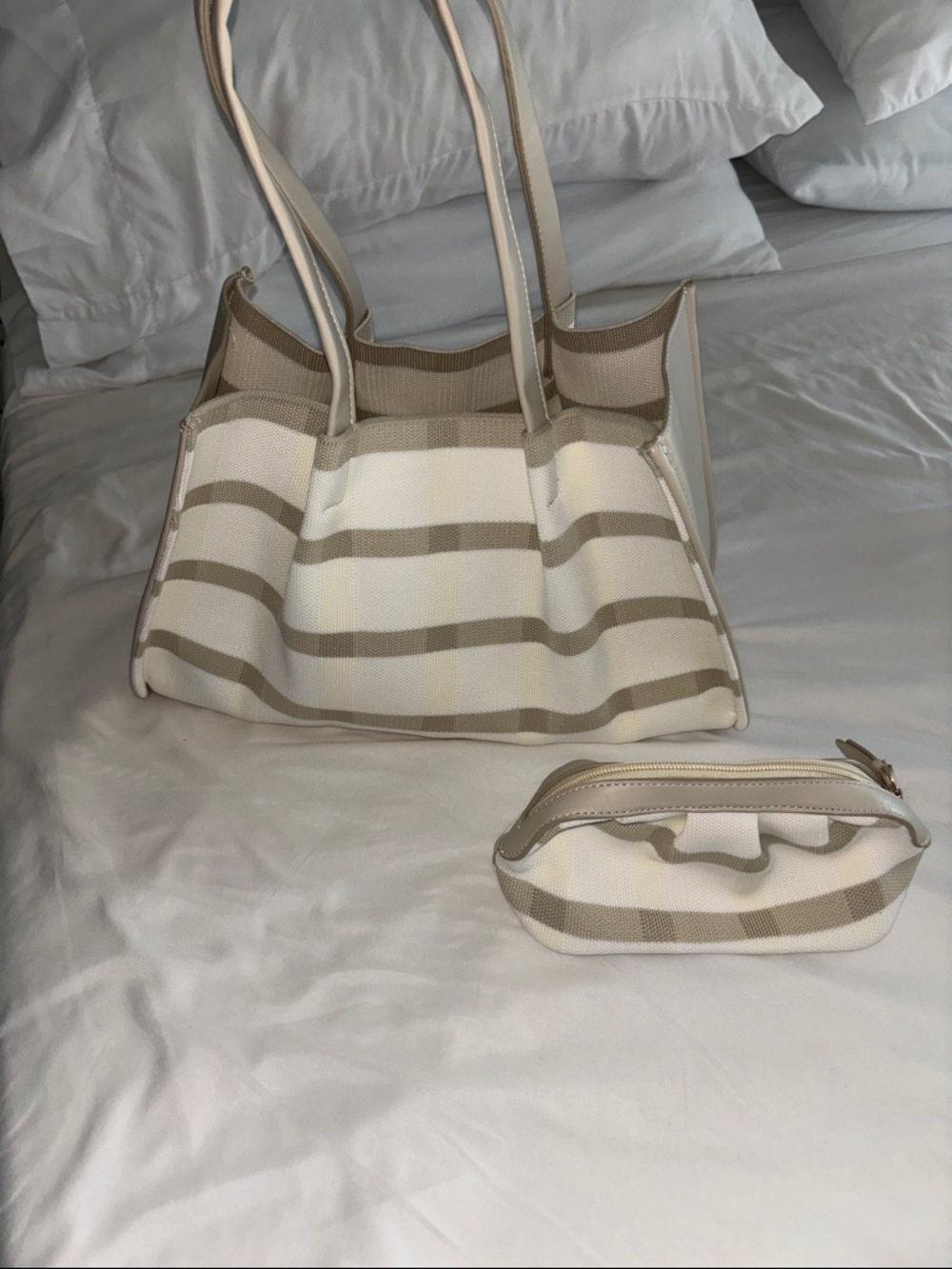 Neiman Marcus Striped Canvas Tote & Pouch in Cream and Beige